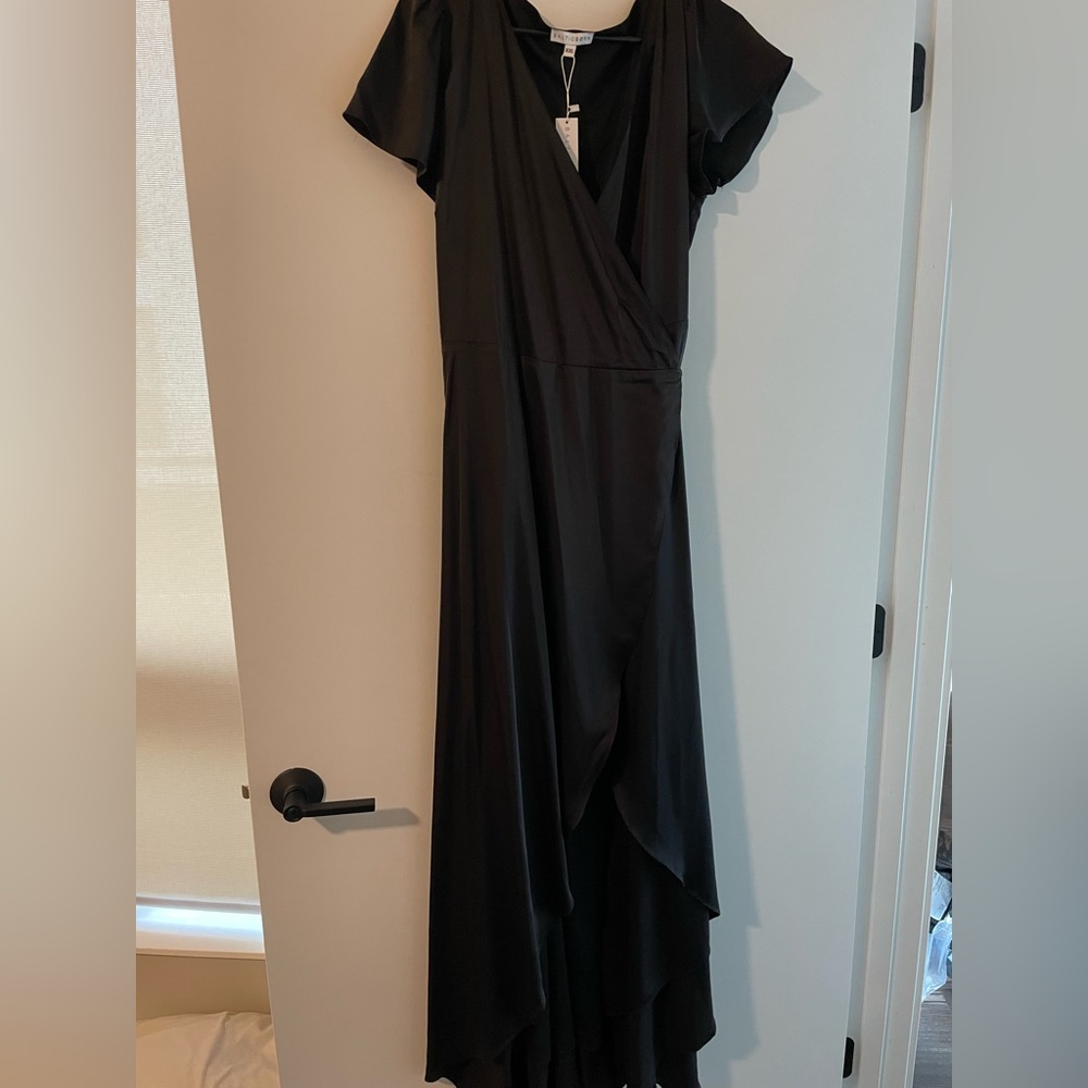 Baltic Born Black Satin Short Sleeve Wrap Dress